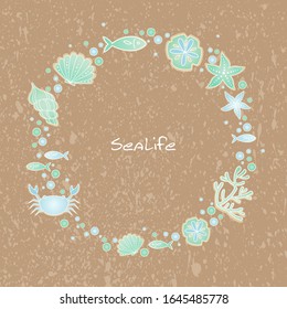 Coral, starfish, fish, crab, seashell and sand dollar on brown sand frame vector background for decoration on summer season festival.