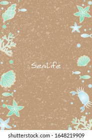 Coral, starfish, fish, crab, seashell and sand dollar on brown sand frame vector background for decoration on summer season festival.
