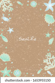 Coral, starfish, fish, crab, seashell and sand dollar on brown sand frame vector background for decoration on summer season festival.