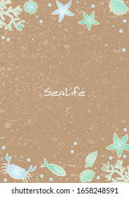 Coral, starfish, fish, crab, seashell and sand dollar on brown sand frame vector background for decoration on summer season festival.