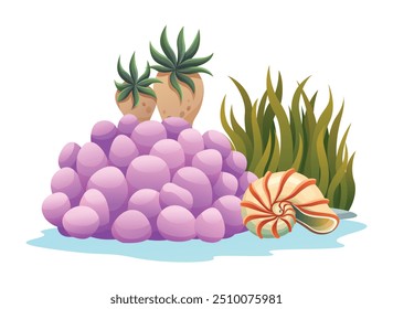 Coral with starfish and seaweed, accompanied by seashells in an underwater composition. Vector cartoon illustration