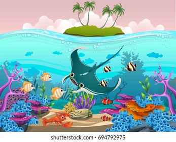 coral, stingray, clown fish and different animals. vector illustration of the sea life. Marine Life Landscape.