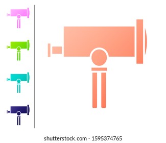 Coral Telescope icon isolated on white background. Scientific tool. Education and astronomy element, spyglass and study stars. Set color icons. Vector Illustration