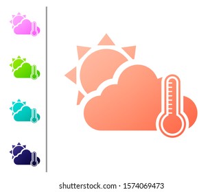 Coral Thermometer and cloud with sun icon isolated on white background. Set color icons. Vector Illustration