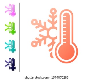 Coral Thermometer with snowflake icon isolated on white background. Set color icons. Vector Illustration