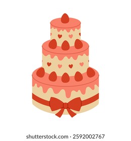 Coral three tier cake with strawberries, hearts and bow. Dessert for birthday, anniversary, wedding. Sweet holiday baking for greeting card. Vector flat illustration isolated on white background