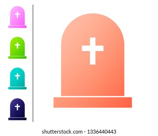 Coral Tombstone with cross icon isolated on white background. Grave icon. Set icon in color buttons. Vector Illustration