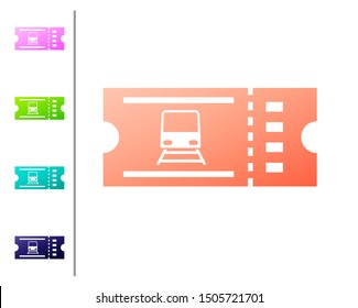 Coral Train ticket icon isolated on white background. Travel by railway. Set color icons. Vector Illustration
