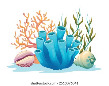 Tubos de coral con coral y algas marinas, con conchas marinas, hábitat submarino. Vector ilustración de dibujos animados