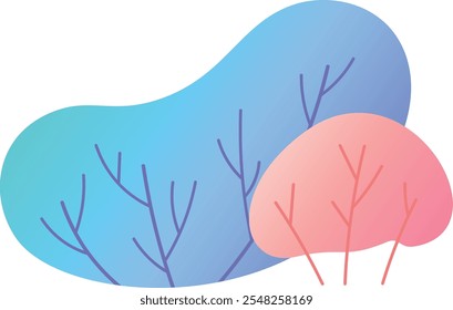 Coral and turquoise gradient blobs creating an abstract background with stylized bare trees, perfect for nature inspired designs