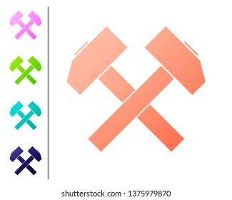 Coral Two crossed hammers icon isolated on white background. Tool for repair. Set color icons. Vector Illustration