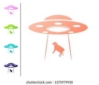 Coral UFO abducts cow icon isolated on white background. Flying saucer. Alien space ship. Futuristic unknown flying object. Set color icons. Vector Illustration