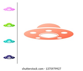Coral UFO flying spaceship icon isolated on white background. Flying saucer. Alien space ship. Futuristic unknown flying object. Set color icons. Vector Illustration