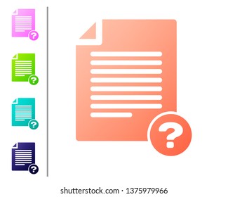 Coral Unknown document icon isolated on white background. File with Question mark. Hold report, service and global search sign. Set color icons. Vector Illustration