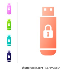 Coral USB flash drive with closed padlock icon isolated on white background. Security, safety, protection concept. Set color icons. Vector Illustration