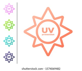 Coral UV protection icon isolated on white background. Ultra violet rays radiation. SPF sun sign. Set color icons. Vector Illustration