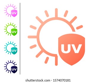 Coral UV protection icon isolated on white background. Sun and shield. Ultra violet rays radiation. SPF sun sign. Set color icons. Vector Illustration