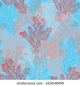 Coral Vector Seamless Pattern with tropical sea reef. Nautical doodles for textiles, pillow and interior decoration, web page background, wrapping paper, cosmetics, food  package decoration.