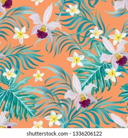  Coral vector tropical seamless pattern with hibiscus flowers and palm leaves.