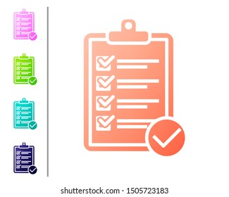 Coral Verification of delivery list clipboard and pen icon isolated on white background. Set color icons. Vector Illustration