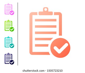 Coral Verification of delivery list clipboard and pen icon isolated on white background. Set color icons. Vector Illustration