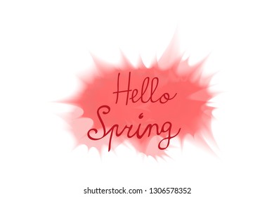 Coral watercolor blot with text "Hello spring", greeting card template