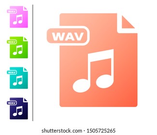 Coral WAV file document. Download wav button icon isolated on white background. WAV waveform audio file format for digital audio riff files. Set color icons. Vector Illustration