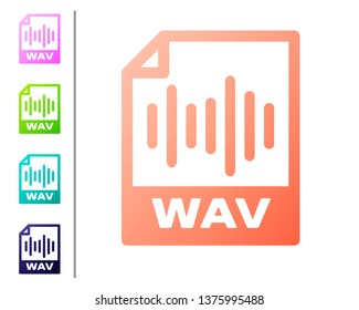 Coral WAV file document icon. Download wav button icon isolated on white background. WAV waveform audio file format for digital audio riff files. Set color icons. Vector Illustration