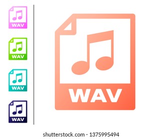 Coral WAV file document icon. Download wav button icon isolated on white background. WAV waveform audio file format for digital audio riff files. Set color icons. Vector Illustration