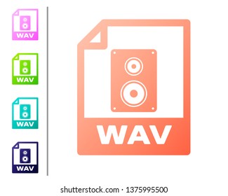 Coral WAV file document icon. Download wav button icon isolated on white background. WAV waveform audio file format for digital audio riff files. Set color icons. Vector Illustration