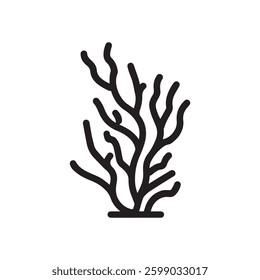 Coral wavy branches Black outline illustration resemble marine vegetation white background.