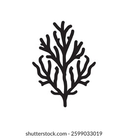 Coral wavy branches Black outline illustration resemble marine vegetation white background.
