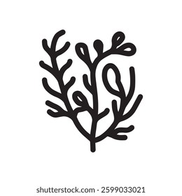 Coral wavy branches Black outline illustration resemble marine vegetation white background.