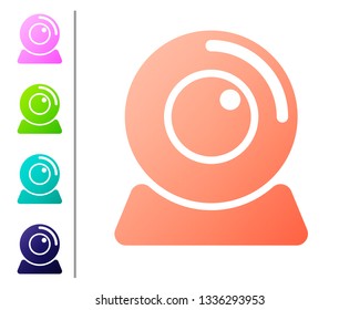 Coral Web camera icon isolated on white background. Chat camera. Webcam icon. Set icon in color buttons. Vector Illustration