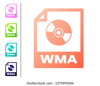 Coral WMA file document icon. Download wma button icon isolated on white background. WMA file symbol. Wma music format sign. Set color icons. Vector Illustration