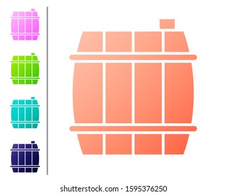 Coral Wooden barrel icon isolated on white background. Alcohol barrel, drink container, wooden keg for beer, whiskey, wine. Set color icons. Vector Illustration