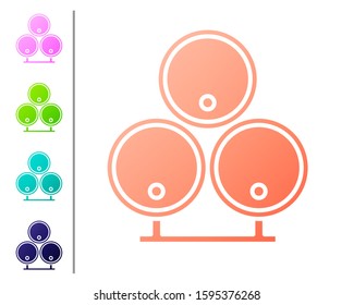 Coral Wooden barrels icon isolated on white background. Alcohol barrel, drink container, wooden keg for beer, whiskey, wine. Set color icons. Vector Illustration