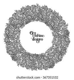 Coral wreath drawn in line art style. Sea and ocean vector plants in black and white colors. Coloring book page design