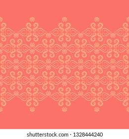 Coral and yellow baroque style damask vector seamless border pattern. This ornamental print is perfect to decorate home decor, towels, wedding decor, tablecloth, table runners, invitation cards.