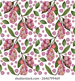Coralberry (Symphoricarpos orbiculatus), Scarlet pearl, Snowberries, Candy Coralberry. Hand drawn botanical seamless pattern. Isolated on white.