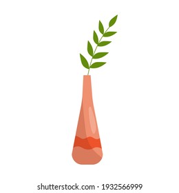 A coral-colored vase with a green branch in a simple flat style. Vector illustration with an interior element on a white background. Perfect for decorating a home accessories store