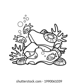 Corall with stones linear drawing for coloring book isolated on white background