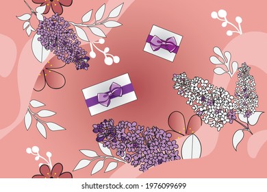 Corallflowers syringa vulgaris and giftbox