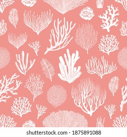 Corals and algae vector seamless pattern on pink background. Sea coral reef polyps and seaweeds, tropical ocean underwater wildlife and marine flora backdrop of textile or wallpaper design