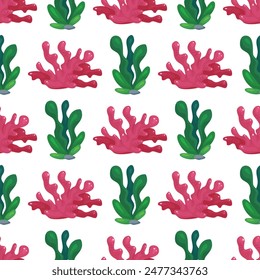 Corals and algae vector seamless pattern on white background. Texture. Paper, fabric, website.