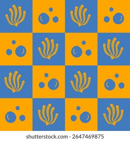 Corals and Bubbles Checkerboard Seamless Pattern. Chessboard Vintage background with Marine Elements. Modern Underwater repeat vector illustration