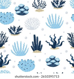 Corals of different shapes seamless pattern. Vector for printing on fabric, packaging, paper. Blue colors on a white background.