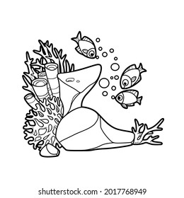 Corales de diferentes tipos, esponjas y peces cerca del dibujo lineal del libro de colorantes aislados sobre fondo blanco