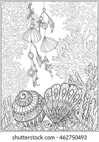 Corals, fish and sea shells on bottom composition. Vector illustration. Coloring book for adult and older children. Outline drawing coloring page.