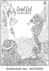 Corals, fish and sea shells on bottom composition with space for text. Vector illustration. Coloring book for adult and older children. Outline drawing coloring page.